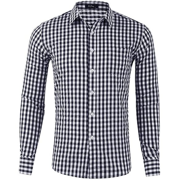 Slim Fit Plaid Checkered Gingham Long Sleeve Dress Shirt Dark Blue Tartan Small - Picture 1 of 2